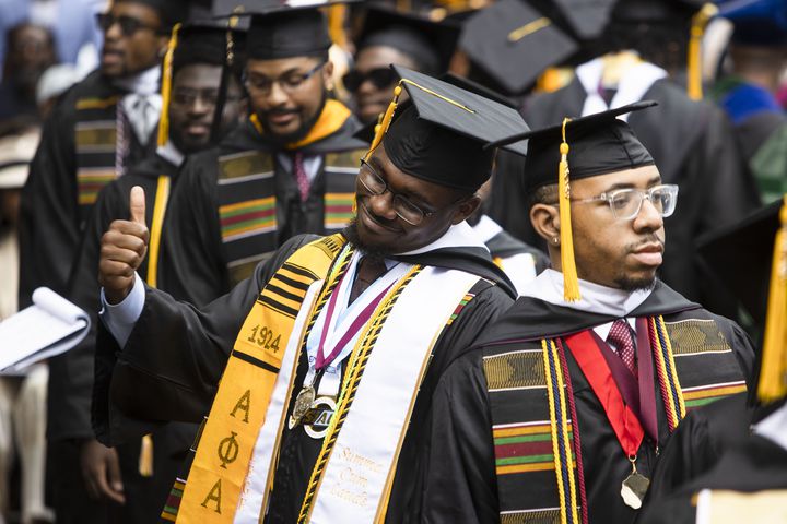 Rodney Gross smiles while waiting to get his diploma during the Morehouse College commencement ceremony on Sunday, May 21, 2023, on Century Campus in Atlanta. The graduation marked Morehouse College's 139th commencement program. CHRISTINA MATACOTTA FOR THE ATLANTA JOURNAL-CONSTITUTION