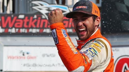 Chase Elliott, driver of the No. 9 SunEnergy1 Chevrolet, celebrates in Victory Lane after winning the Monster Energy NASCAR Cup Series GoBowling at The Glen at Watkins Glen International on August 5, 2018 in Watkins Glen, New York.  (Photo by Sarah Crabill/Getty Images)