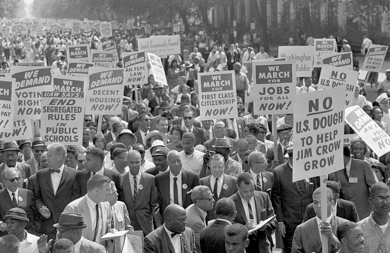 FILE - Race relations problems in the United States were brought to the attention of the nation, and the world, by the massive March on Washington, Sept. 6, 1963. They’re hallmarks of American history: protests, rallies, sit-ins, marches, disruptions. They date from the early days of what would become the United States to the sights and sounds currently echoing across the landscapes of the nation’s colleges and universities. (AP Photo, File)