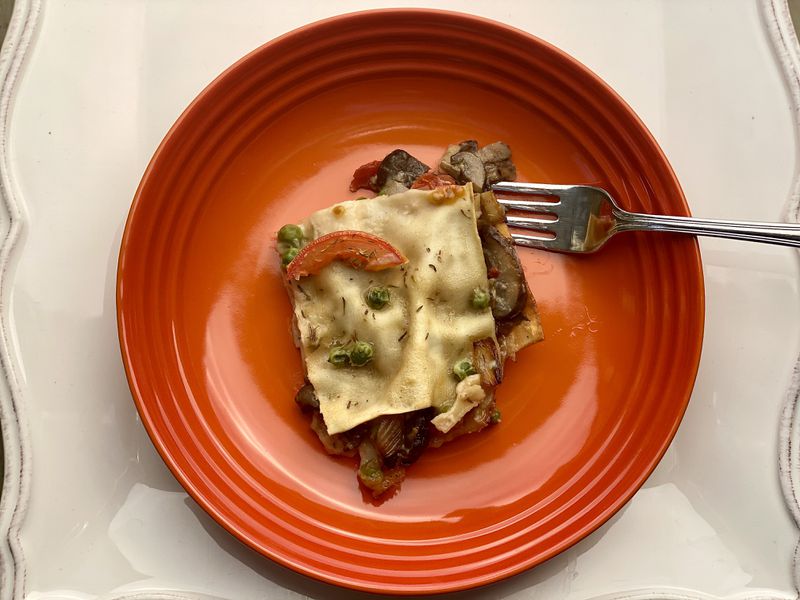 Spring Lasagna is great as a vegetarian dish (as shown), but you can add a lean protein such as cooked ground turkey. (Kellie Hynes for The Atlanta Journal-Constitution)