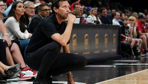 Hawks coach Quin Snyder watches from the sideline against the Washington Wizards, Wednesday, April 5, 2023, in Atlanta. (AP Photo/John Bazemore)