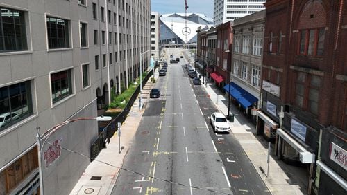 Aerial photo shows the 200 block of Mitchell St SW, Wednesday, August 9, 2023, in Atlanta. (Hyosub Shin / Hyosub.Shin@ajc.com)