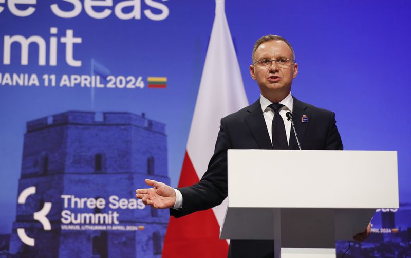Poland's President Andrej Duda addresses a media conference at the Palace of the Grand Dukes of Lithuania during the Three Seas Initiative Summit and Business Forum in Vilnius, Thursday, April 11, 2024. (AP Photo/Mindaugas Kulbis)