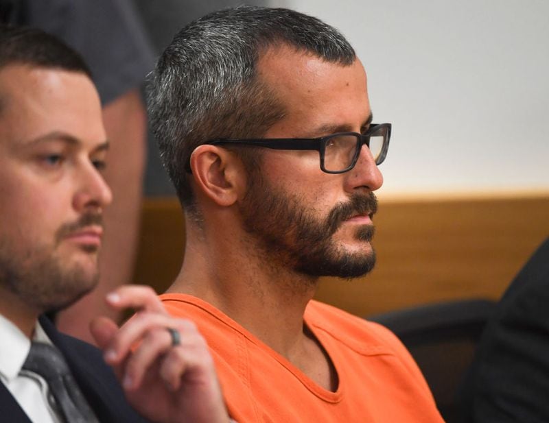 Christopher Watts is in court for his arraignment hearing at the Weld County Courthouse on August 21, 2018 in Greeley, Colorado. Watts faces nine charges, including several counts of first-degree murder of his wife and his two young daughters.