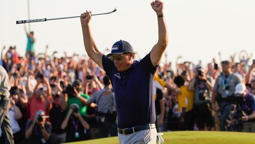 Phil Mickelson celebrates after winning the final round at the PGA Championship on the Ocean Course, Sunday, May 23, 2021, in Kiawah Island, S.C. (David J. Phillip/AP)