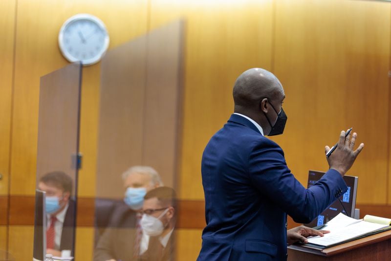 Attorney Uzoma Nkwonta, who represents U.S. Sen. Raphael Warnock, speaks at Fulton County Superior Court  in Atlanta on Friday, November 18, 2022 in the matter of Saturday voting before Georgia’s Senate runoff. U.S. Sen. Raphael Warnock and the Democratic Party of Georgia sued the state in order to allow early voting on Nov. 26, which falls after Thanksgiving and the state holiday formerly known as Robert E. Lee’s Birthday. (Arvin Temkar / arvin.temkar@ajc.com)