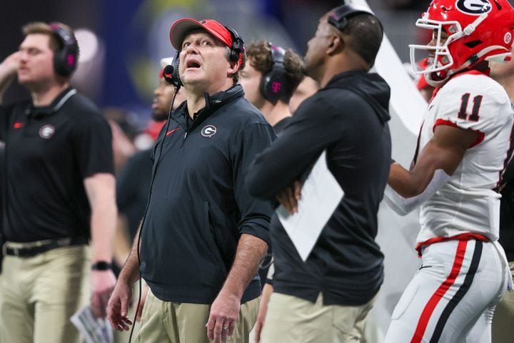 Georgia Bulldogs head coach Kirby Smart watches from the sideline during the second half of the SEC Championship football game at the Mercedes-Benz Stadium in Atlanta, on Saturday, December 2, 2023. Alabama won 27-24. (Jason Getz / Jason.Getz@ajc.com)