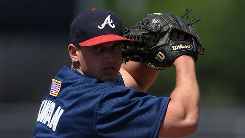 Reliever Kyle Kinman has impressed in three major league spring-training appearances for the Braves when brought over from minor league camp. (Mike Janes/Four Seam Images via AP)