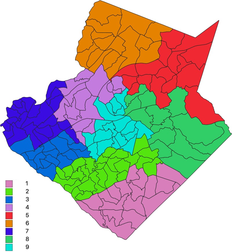 A proposed district map of the Gwinnett County Board of Commissioners with five additional seats. (Courtesy of Eli H. Spencer Heyman / elium2.com)