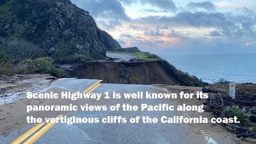 A 150-foot swath of scenic Highway 1 broke away from a steep California hillside last week and plummeted into the Pacific Ocean, according to reports.
The collapse happened last Thursday near Big Sur after heavy rains sent trees, boulders, water and mud crashing to the road below.