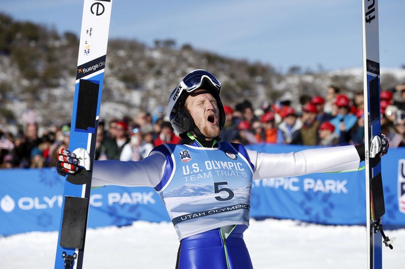 FILE -Michael Glasder (5) celebrates after winning the men's ski jumping event at the U.S. Olympic Team Trials, on Dec. 31, 2017, in Park City, Utah. Salt Lake City's enduring enthusiasm for hosting the Olympics will be on full display Wednesday, April 10, 2024, when members of the International Olympic Committee come to Utah for a site visit ahead of a formal announcement expected this July to name Salt Lake City the host for the 2034 Winter Olympics. (AP Photo/Rick Bowmer, File)