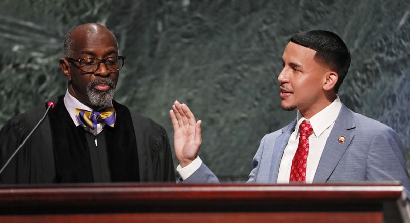 Antonio Brown is sworn in as the newest member of the Atlanta City Council in April 2019. Brown won a special runoff election for the council’s District 3 seat. (Bob Andres / bandres@ajc.com)