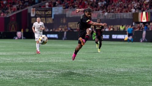 Atlanta United forward Josef Martinez makes an attempt on goal during the match against Inter Miami on Sept. 29 at Mercedes-Benz Stadium. Martinez seems to be feeling better than he did last season and set some lofty goals for himself and Atlanta United on Thursday. (Dakota Williams/Atlanta United)