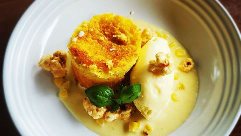Maiz en Texturas —  corn cake, corn sauce, caramel popcorn and corn ice cream —  from the menu of Casa Robles, opening in spring 2022 in Roswell. (Courtesy of Casa Robles)