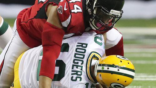 Vic Beasley Jr. sacks quarterback Aaron Rodgers during the Falcons-Packers regular-season matchup in 2016. The teams met in the NFC title game in January and will face each other Sunday in the 2017 home opener for the Falcons at Mercedes-Benz Stadium. Curtis Compton/ccompton@ajc.com