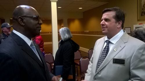 (L-R) Powder Springs Mayor Al Thurman and Powder Springs Mayor Pro Tem/Councilman Patrick Bordelon converse, following the State of the City and Fiscal Year 2020 Budget Kickoff on Jan. 24. Contributed