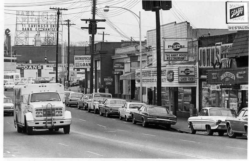 Businesses in Midtown on Peachtree St., looking north toward 14th Street. Photo taken on Feb. 26, 1968