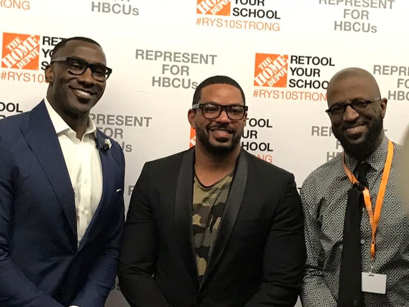 Shannon Sharpe, Laz Alonso and Rickey Smiley at Home Depot headquarters to support the Retool Your School Grant Improvement Program for HBCUs.