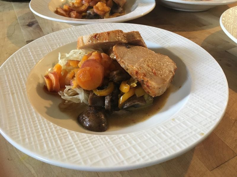 Hibiscus gin-glazed pork loin was cooked sous vide alongside spaghetti squash in the food lab at Gilliard Farms. Chef Matthew Raiford espouses new technology alongside a regard for history. CONTRIBUTED BY NINA MUKERJEE FURSTENAU