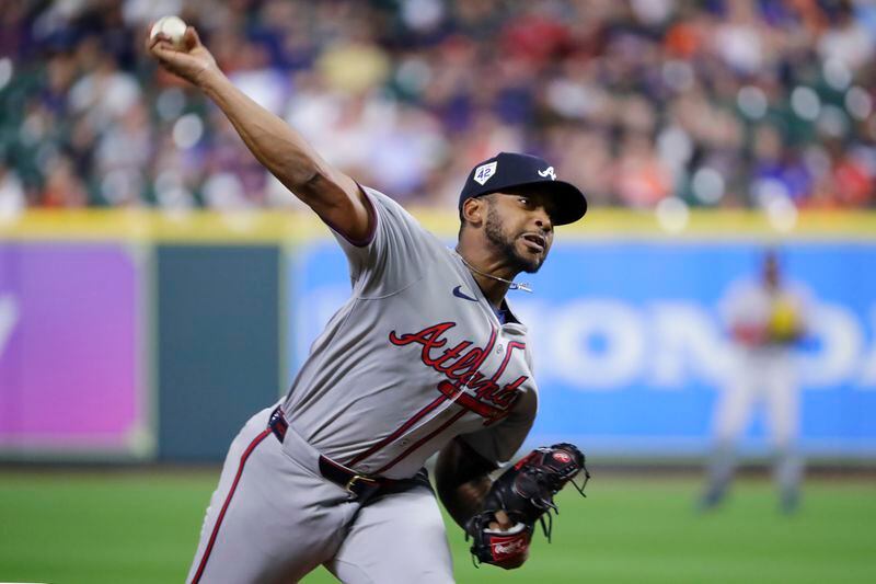 Atlanta Braves starting pitcher Darius Vines throws against the Houston Astros during the first inning of a baseball game Monday, April 15, 2024, in Houston. (AP Photo/Michael Wyke)