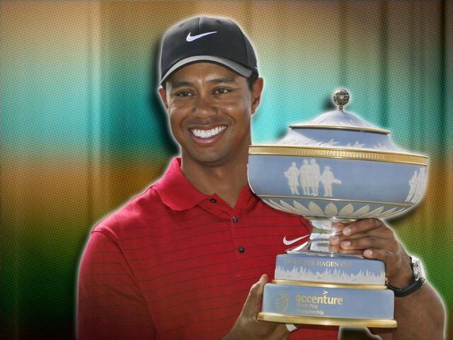 Tiger Woods holds the Walter Hagen Cup after winning the Accenture Match Play Championship golf tournament at The Gallery Golf Club at Dove Mountain, Marana, Arizona in February of 2008.