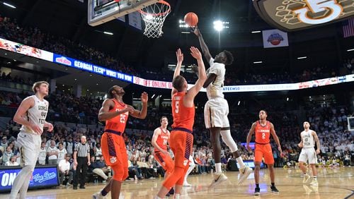 January 28, 2018 Atlanta - Georgia Tech forward Abdoulaye Gueye (34) shoots over Clemson forward Mark Donnal (5) during the second in a NCAA college basketball game at McCamish Pavilion in Atlanta on Sunday, January 28, 2018. Clemson won 72-70 over the Georgia Tech. HYOSUB SHIN / HSHIN@AJC.COM