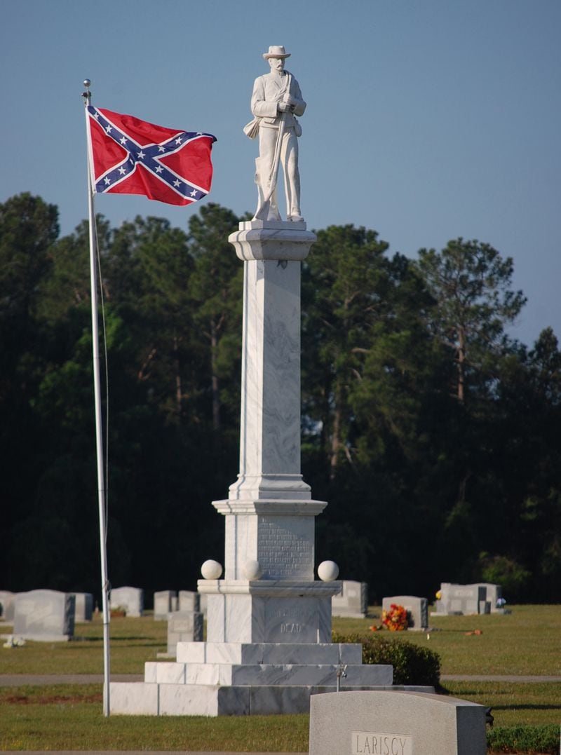 SYLVANIA, GA: Another similar figure stands atop the Confederate monument in the Screven County Memorial Cemetery at Sylvania. This McNeel monument was dedicated in 1909. (Courtesy of Gould Hagler)