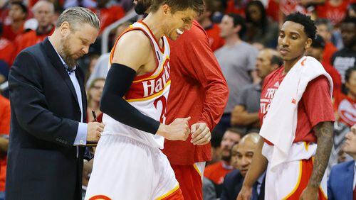 Kyle Korver suffered a serious ankle injury in Game 2 of the Eastern Conference finals and will require surgery. (Curtis Compton/ccompton@ajc.com)