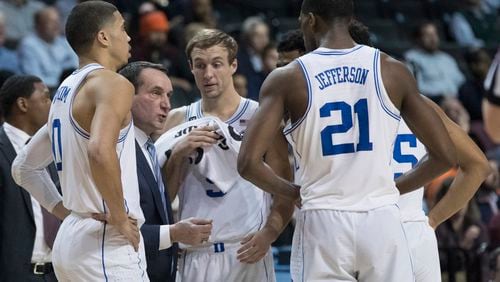 Duke coach Mike Krzyzewski gives his team instruction during a timeout in the second half of a Round 2 game against the Clemson in the ACC Tournament on Wednesday, March 8, 2017, in New York. Duke won 79-72. (AP Photo/Mary Altaffer)