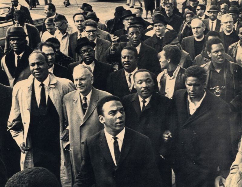 Young also served SCLC as a key strategist and negotiator during the group's campaigns in Birmingham (1963), St. Augustine, Fla. (1963-4) and Selma, Ala. Here, Young is seen with King and other SCLC aides, including Ralph David Abernathy, James Farmer and James Forman, during a protest march in Selma in 1965. (Library of Congress)