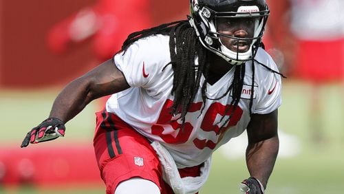 Falcons linebacker De’Vondre Campbell looks to make a tackle during training camp on Friday, July 29, 2016, in Flowery Branch.Curtis Compton /ccompton@ajc.com