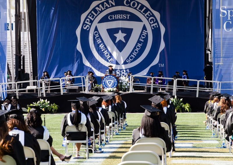 Spelman College holds commencement for the class of 2020 at Bobby Dodd Stadium on Sunday, May 16, 2021.  (Jenni Girtman for The Atlanta Journal-Constitution)