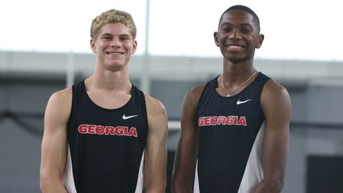 UGA track athletes Matthew Boling (left) and Caleb Cavanaugh have been competing alongside each other since their high school days at Strake Jesuit College Preparatory.