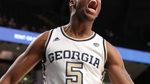 Georgia Tech forward Moses Wright takes great joy in an early-season dunk against Bethune-Cookman.  (Curtis Compton/ccompton@ajc.com)