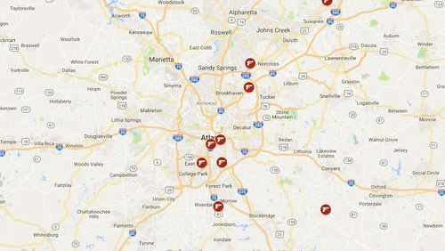 This is a detail from a map showing cases of officer-involved shootings in Georgia in 2018 that are under investigation by the GBI.