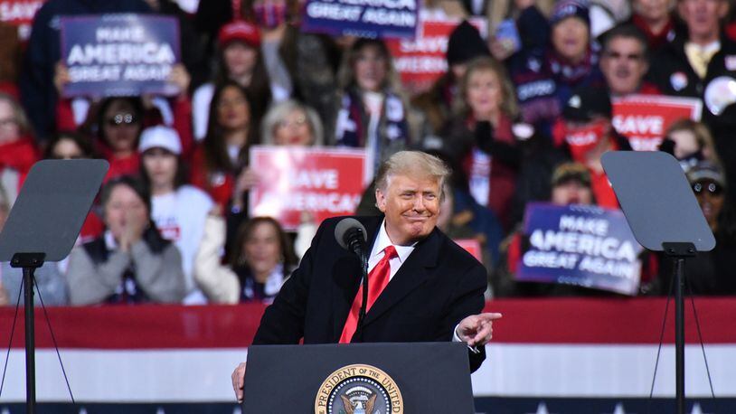 December 5, 2020 Valdosta - President Donald Trump speaks during the Republican National Committee’s Victory Rally at the Valdosta Flying Services in Valdosta on Saturday, December 5, 2020. (Hyosub Shin / Hyosub.Shin@ajc.com)
