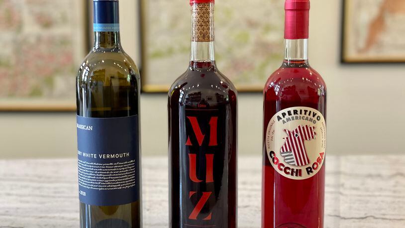 Vermouth has seen a renaissance in the 21st century. Massican dry vermouth (from left), Partida Creus Muz vermouth and Cocchi americano rosa are recommended picks. Krista Slater for The Atlanta Journal-Constitution