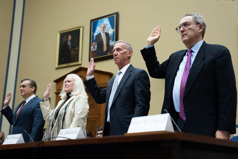From right: Jonathan Turley, a George Washington University law professor; Eileen O’Connor, a former assistant attorney general; Bruce Dubinsky, a forensic accountant; and Michael Gerhardt, a University of North Carolina law professor, are sworn in during a House Oversight Committee hearing on Capitol Hill in Washington, on Sept. 28, 2023. This was the first official hearing regarding the House impeachment inquiry into U.S. President Joe Biden. (Maansi Srivastava/The New York Times)