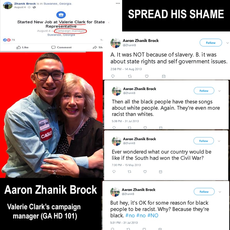 An image posted Monday night on the Gwinnett County Democratic Party's Facebook page, purporting to show the campaign manager of Republican House District 101 candidate Valerie Clark posting racist comments on social media.