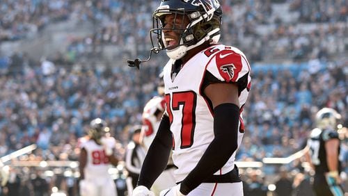 Falcons’ Damontae Kazee  reacts after a play against the Carolina Panthers Dec. 23, 2018, at Bank of America Stadium in Charlotte, N.C.