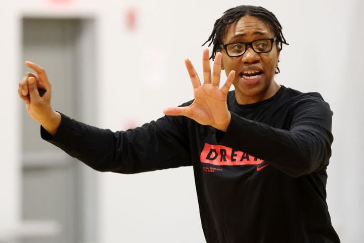 Atlanta Dream head coach Tanisha Wright gives directions to the team during a practice session on Monday, April 18, 2022. Miguel Martinez/miguel.martinezjimenez@ajc.com
