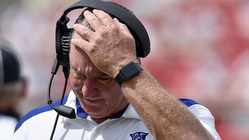 Coach Shawn Elliott of the Georgia State Panthers reacts during their game against the North Carolina State Wolfpack at Carter-Finley Stadium on September 8, 2018 in Raleigh, North Carolina. North Carolina Sate won 41-7.  (Photo by Grant Halverson/Getty Images)