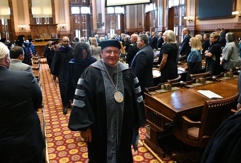 Sonny Perdue leaves his investiture ceremony in the House of Representatives Chamber at the Georgia State Capitol in Atlanta on Friday, Sept. 9, 2022. (Hyosub Shin / Hyosub.Shin@ajc.com)