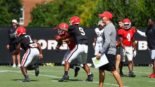 Georgia quarterback Nathan Priestley (9) in action for the Bulldogs' scout team during a practice in preseason camp August 2019.  Priestley is a walk-on from Los Angeles. (Tony Walsh/UGA)