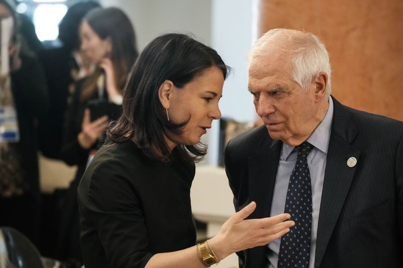 From left, German Foreign Minister Annalena Baerbock talks to European Union foreign policy chief Josep Borrell as they attend a meeting on the sidelines of the G7 Foreign Ministers meeting on Capri Island, Italy, Friday, April 19, 2024. (AP Photo/Gregorio Borgia, Pool)