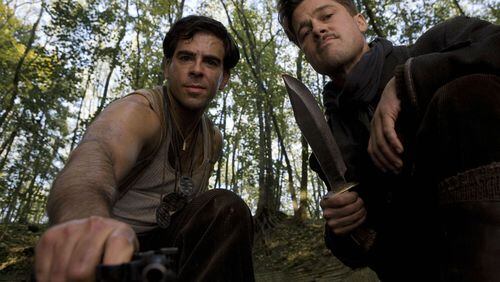 Lt. Aldo Raine (Brad Pitt) and Sgt. Donny Donowitz (Eli Roth) in Quentin Tarantino's Inglourious Basterds.