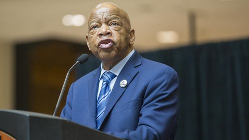 04/08/2019 -- Atlanta, Georgia -- Congressman John Lewis speaks during his art exhibit tribute in the atrium of the domestic terminal at Atlanta's Hartsfield Jackson International Airport, Monday, April 8, 2019. The art exhibit "John Lewis-Good Trouble" was unveiled Monday with historical artifacts, audio and visual installations and tributes to the congressman.  (ALYSSA POINTER/ALYSSA.POINTER@AJC.COM)