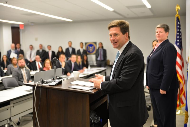 Leaders of the U.S. Securities and Exchange Commission were in Atlanta recently to hold a committee meeting and hear from investors in gatherings at Georgia State University’s law school. Chairman Jay Clayton also spoke at the SEC’s local offices. Photo courtesy of the SEC.