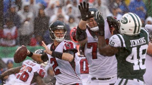 Falcons quarterback Matt Ryan looks to pass against the New York Jets during the first half Sunday, Oct. 29, 2017, at MetLife Stadium in East Rutherford, N.J. The Atlanta Falcons won, 25-20.