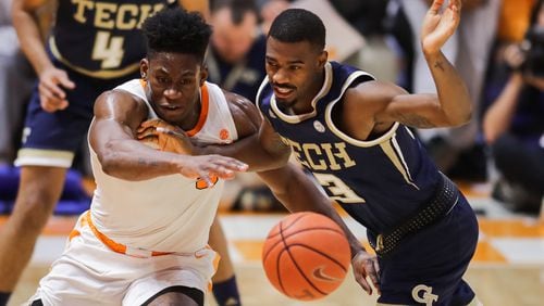 KNOXVILLE, TN - NOVEMBER 13: Admiral Schofield #5 of the Tennessee Volunteers and Curtis Haywood II #13 of the Georgia Tech Yellow Jackets go after a loose ball at Thompson-Boling Arena on November 13, 2018 in Knoxville, Tennessee. Tennessee won the game 66-53. (Photo by Donald Page/Getty Images)